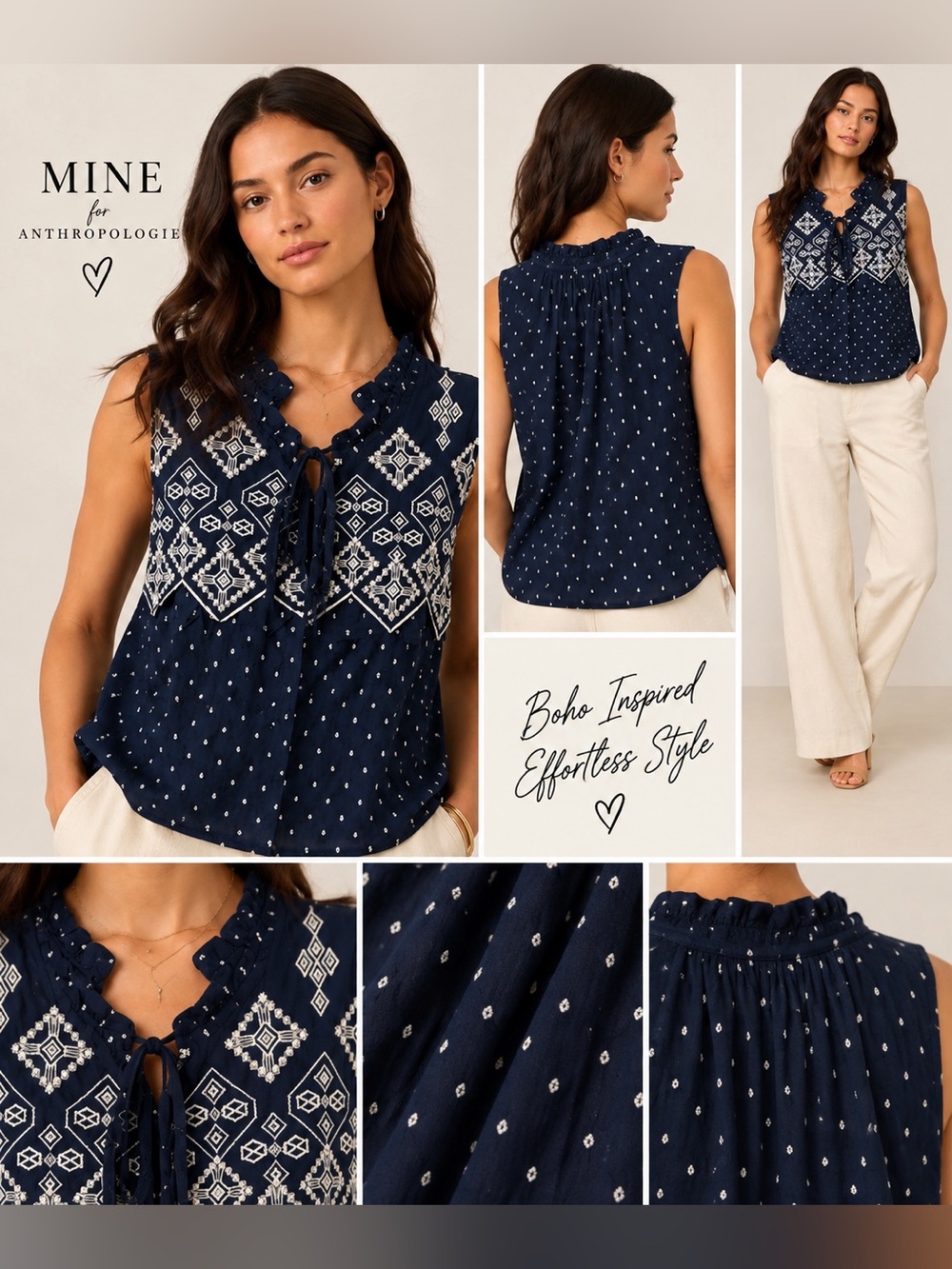 Anthropologie MINE Navy Embroidered Boho Sleeveless Top Size S NIP